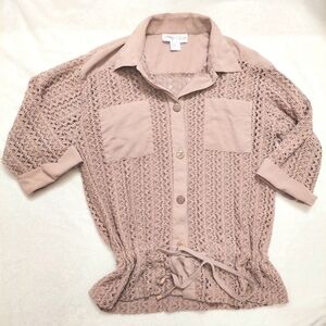 Donna Toran Women's Khaki Tan Button Down Crochet Shirt Large